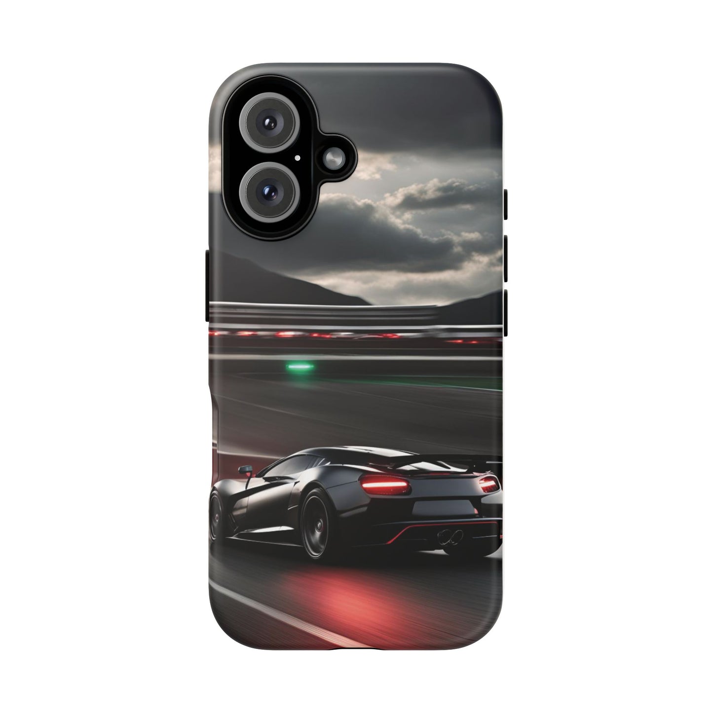 Car Racing Tough Cases - Sleek Black Supercar on Race Track Design