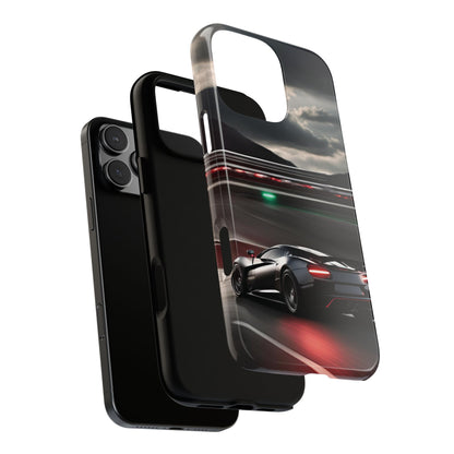 Car Racing Tough Cases - Sleek Black Supercar on Race Track Design