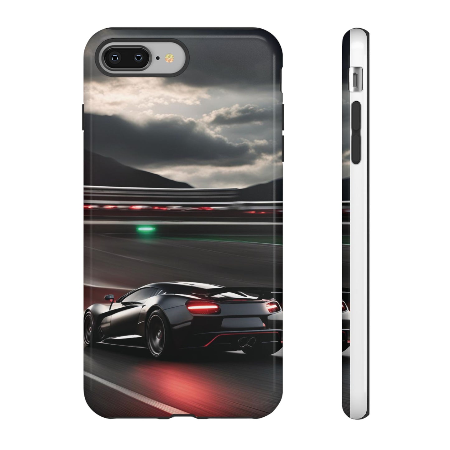 Car Racing Tough Cases - Sleek Black Supercar on Race Track Design