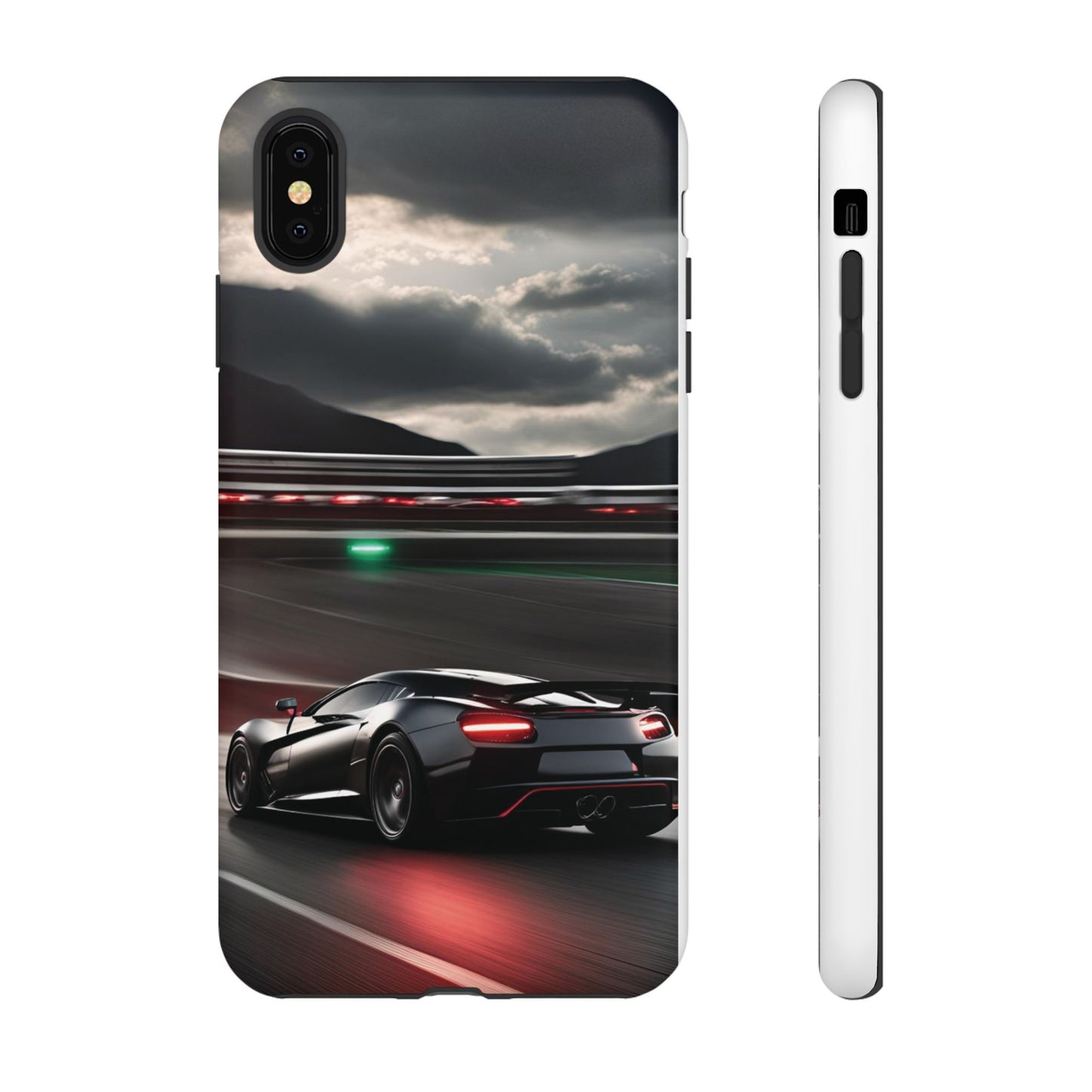 Car Racing Tough Cases - Sleek Black Supercar on Race Track Design