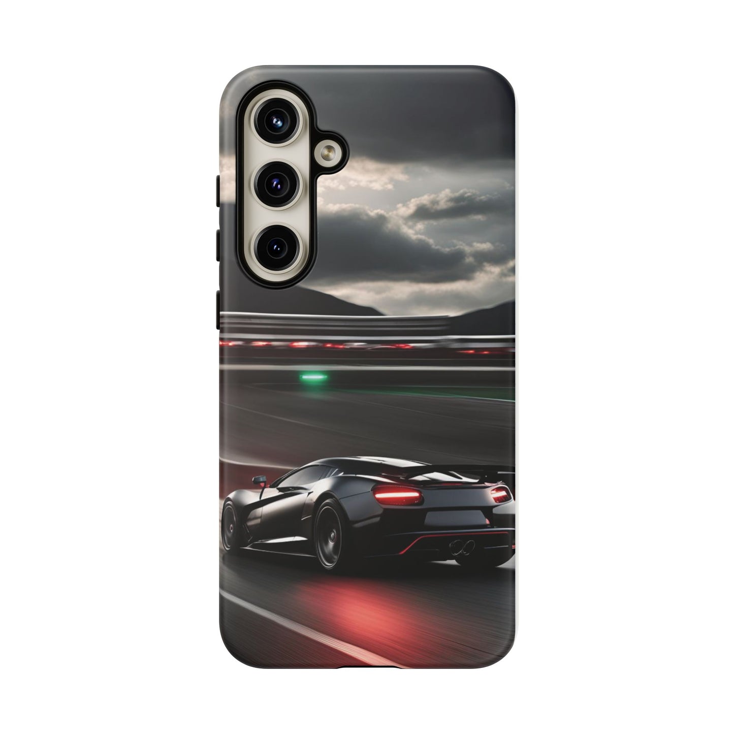 Car Racing Tough Cases - Sleek Black Supercar on Race Track Design