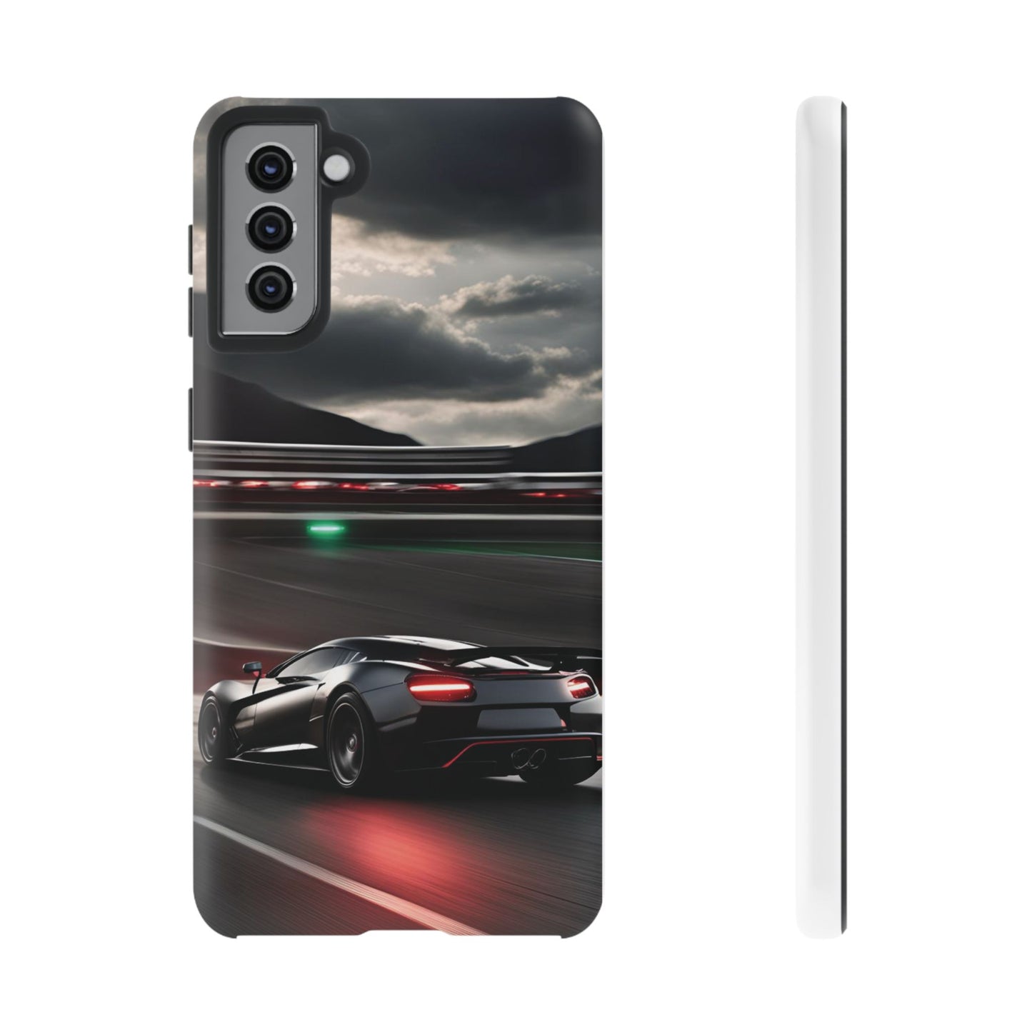 Car Racing Tough Cases - Sleek Black Supercar on Race Track Design