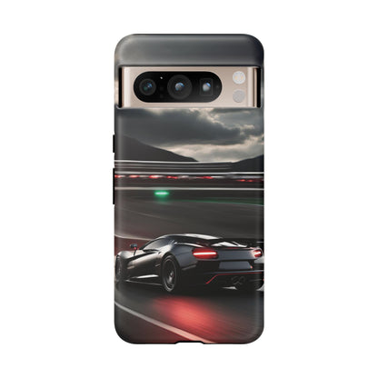 Car Racing Tough Cases - Sleek Black Supercar on Race Track Design