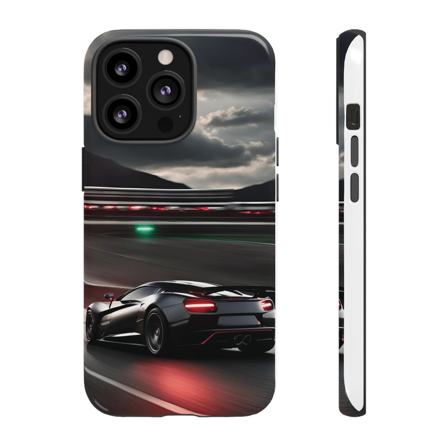 Car Racing Tough Cases - Sleek Black Supercar on Race Track Design