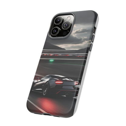 Car Racing Tough Cases - Sleek Black Supercar on Race Track Design