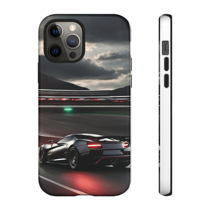 Car Racing Tough Cases - Sleek Black Supercar on Race Track Design