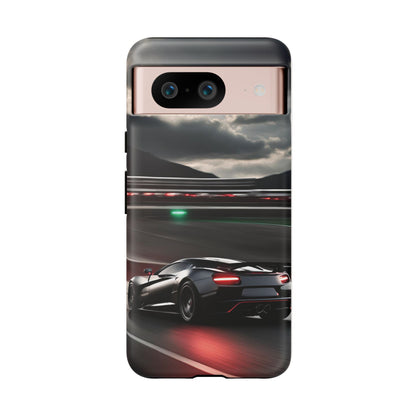 Car Racing Tough Cases - Sleek Black Supercar on Race Track Design