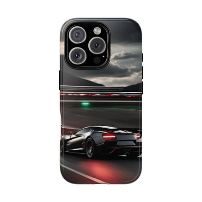 Car Racing Tough Cases - Sleek Black Supercar on Race Track Design