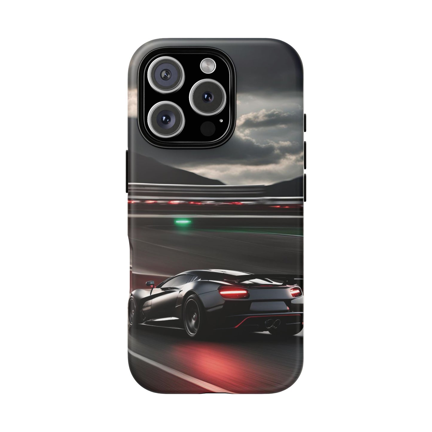 Car Racing Tough Cases - Sleek Black Supercar on Race Track Design