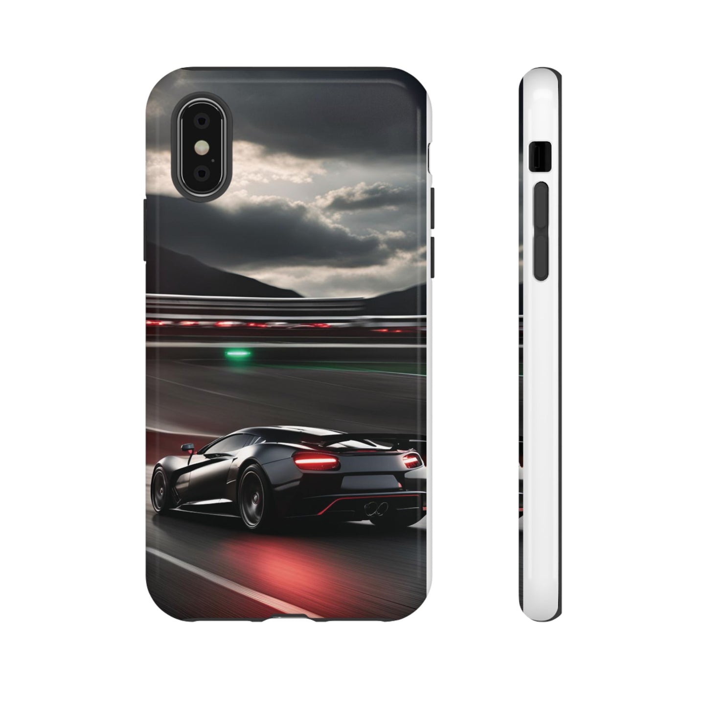 Car Racing Tough Cases - Sleek Black Supercar on Race Track Design