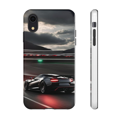 Car Racing Tough Cases - Sleek Black Supercar on Race Track Design