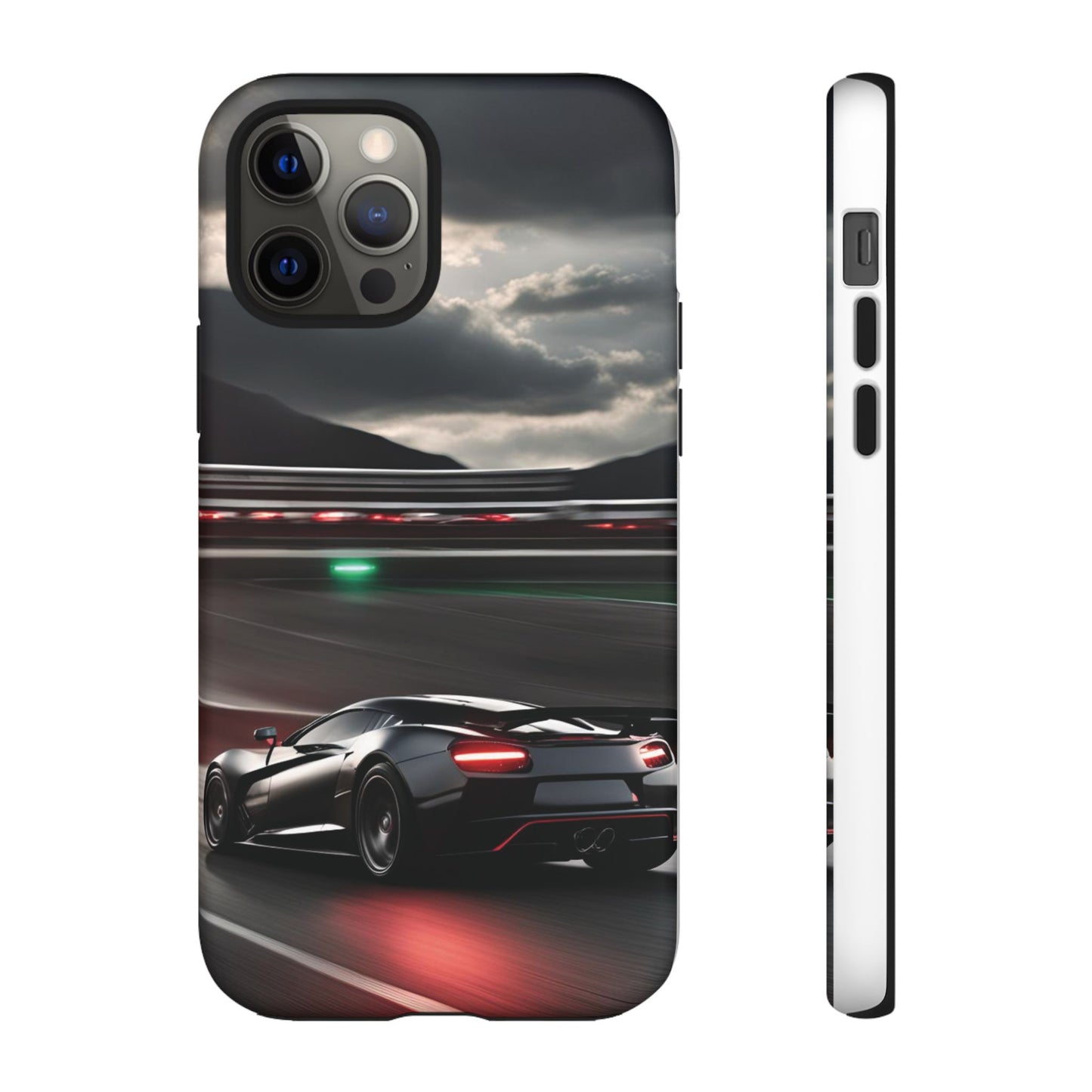 Car Racing Tough Cases - Sleek Black Supercar on Race Track Design