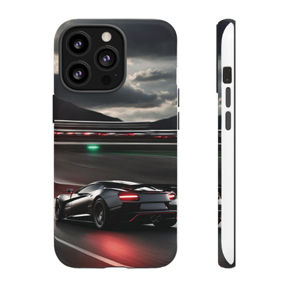 Car Racing Tough Cases - Sleek Black Supercar on Race Track Design