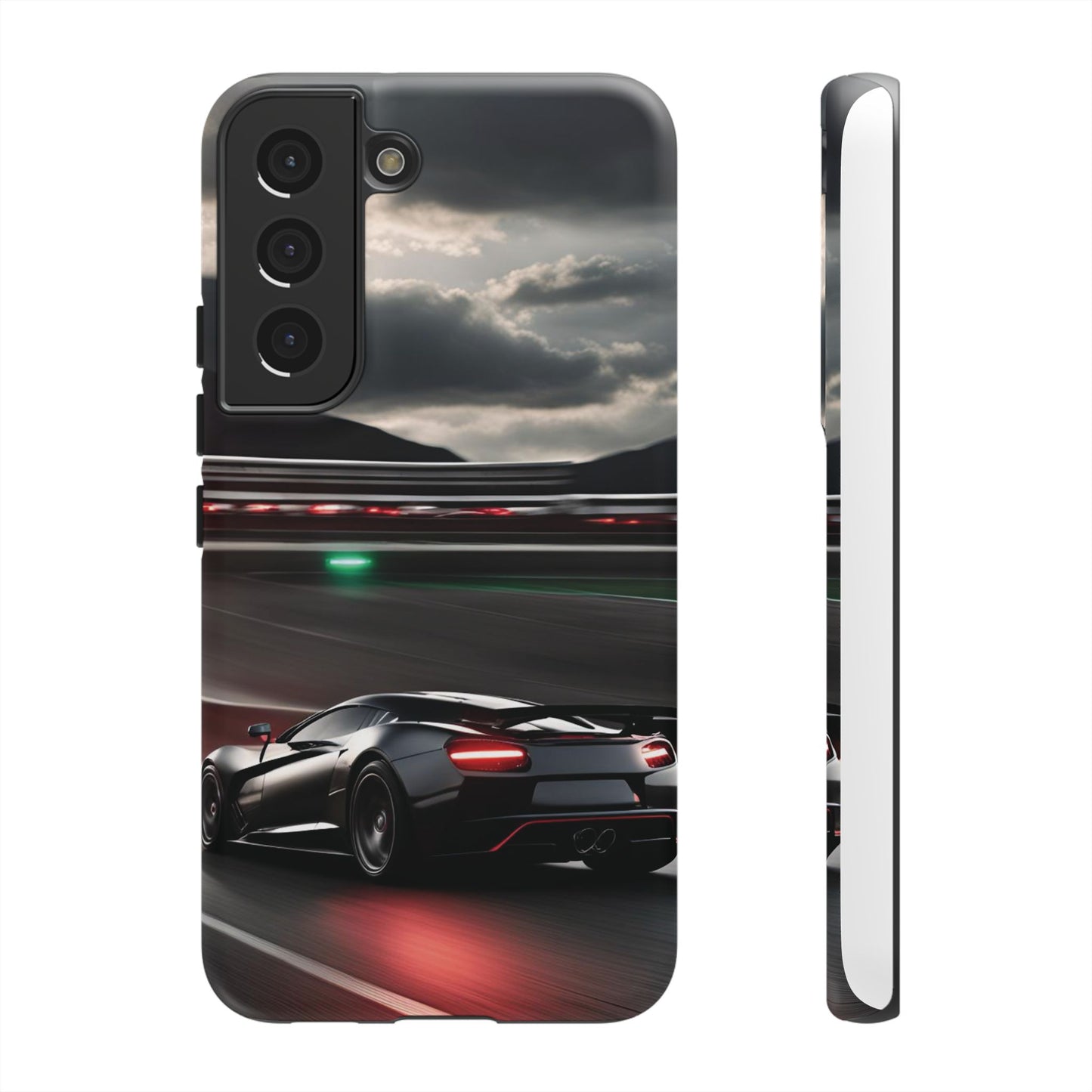 Car Racing Tough Cases - Sleek Black Supercar on Race Track Design