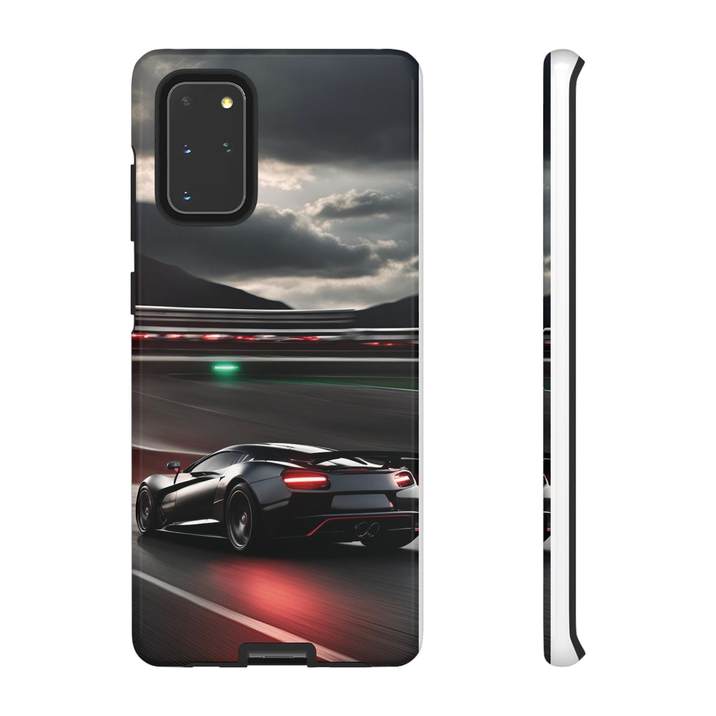 Car Racing Tough Cases - Sleek Black Supercar on Race Track Design