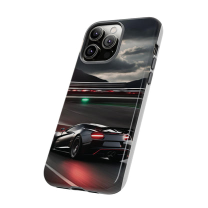 Car Racing Tough Cases - Sleek Black Supercar on Race Track Design