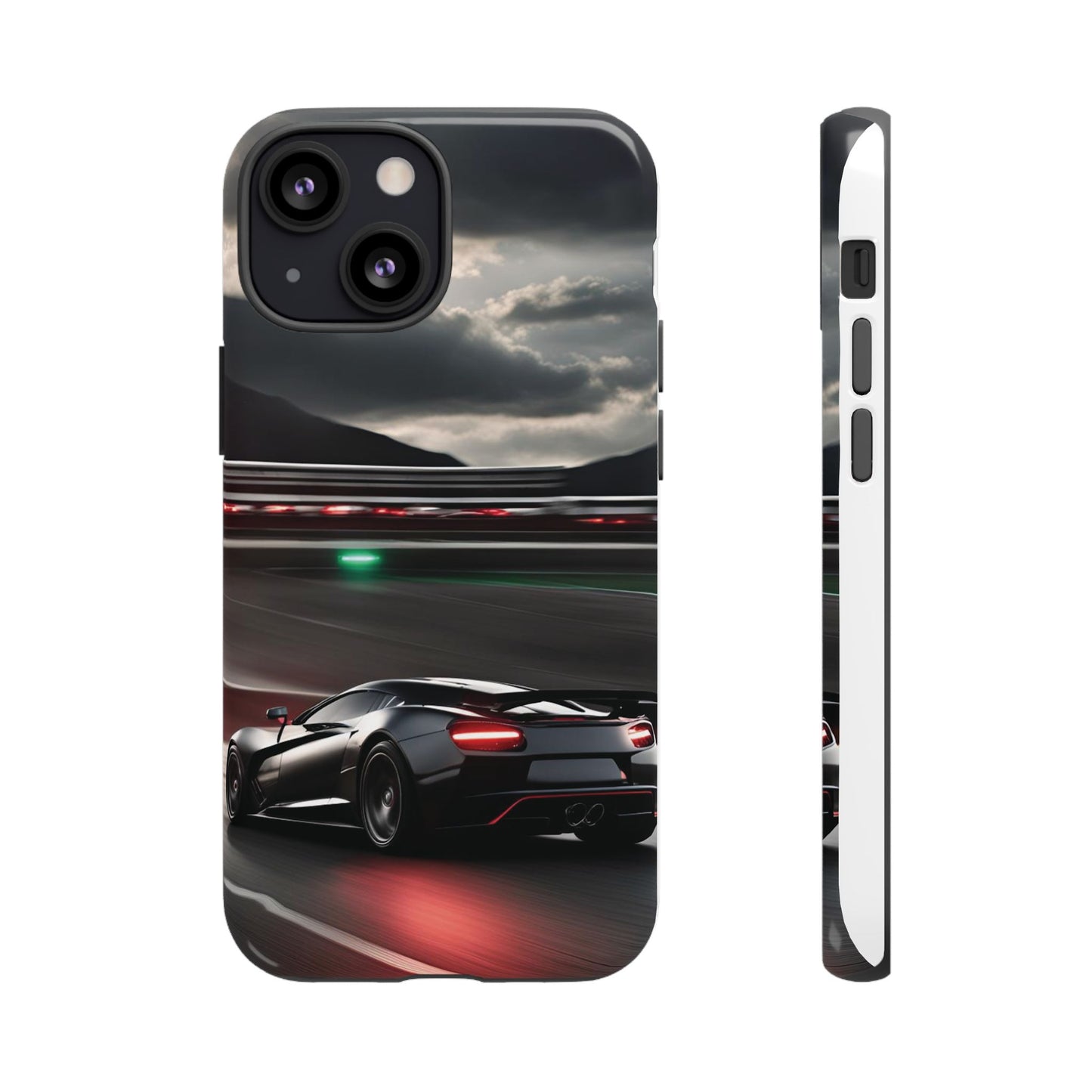 Car Racing Tough Cases - Sleek Black Supercar on Race Track Design