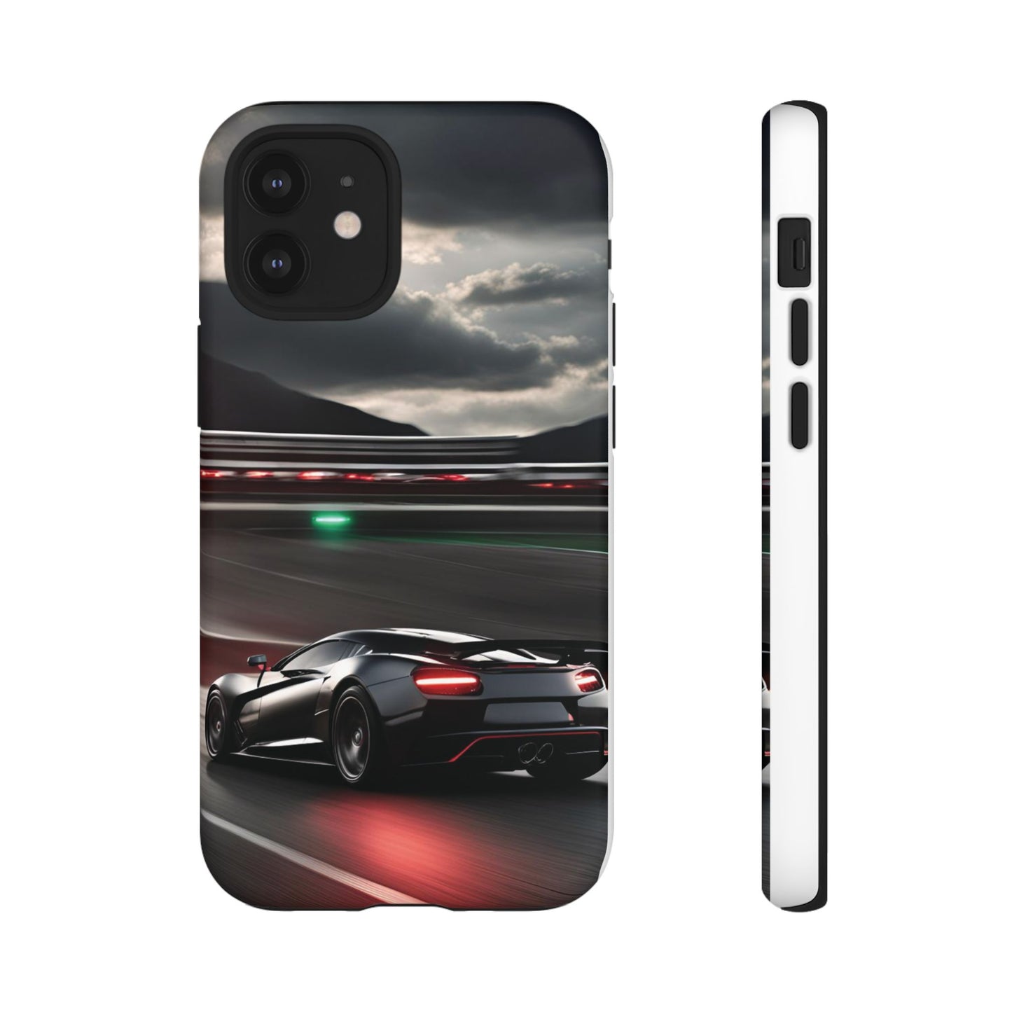 Car Racing Tough Cases - Sleek Black Supercar on Race Track Design