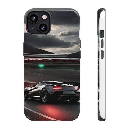 Car Racing Tough Cases - Sleek Black Supercar on Race Track Design