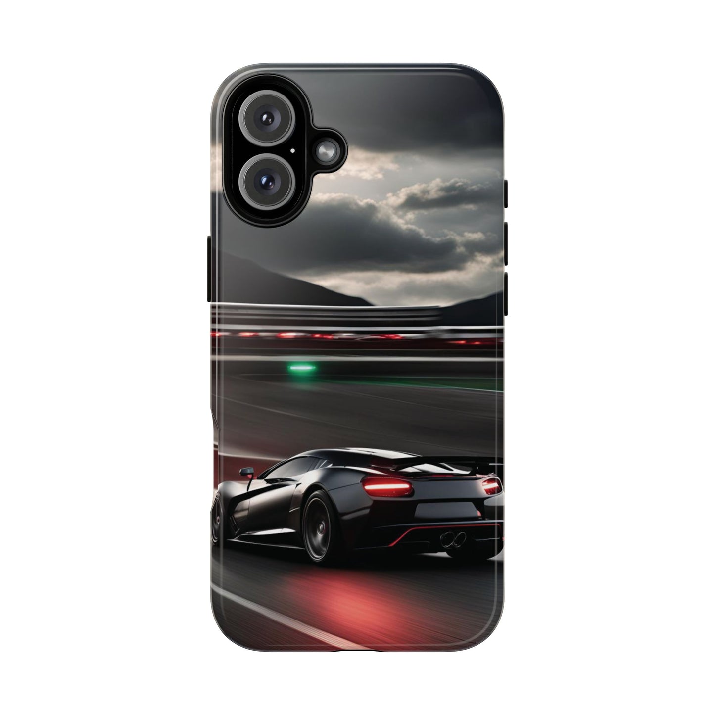 Car Racing Tough Cases - Sleek Black Supercar on Race Track Design