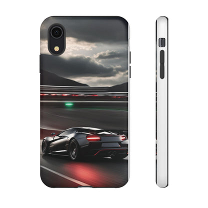 Car Racing Tough Cases - Sleek Black Supercar on Race Track Design