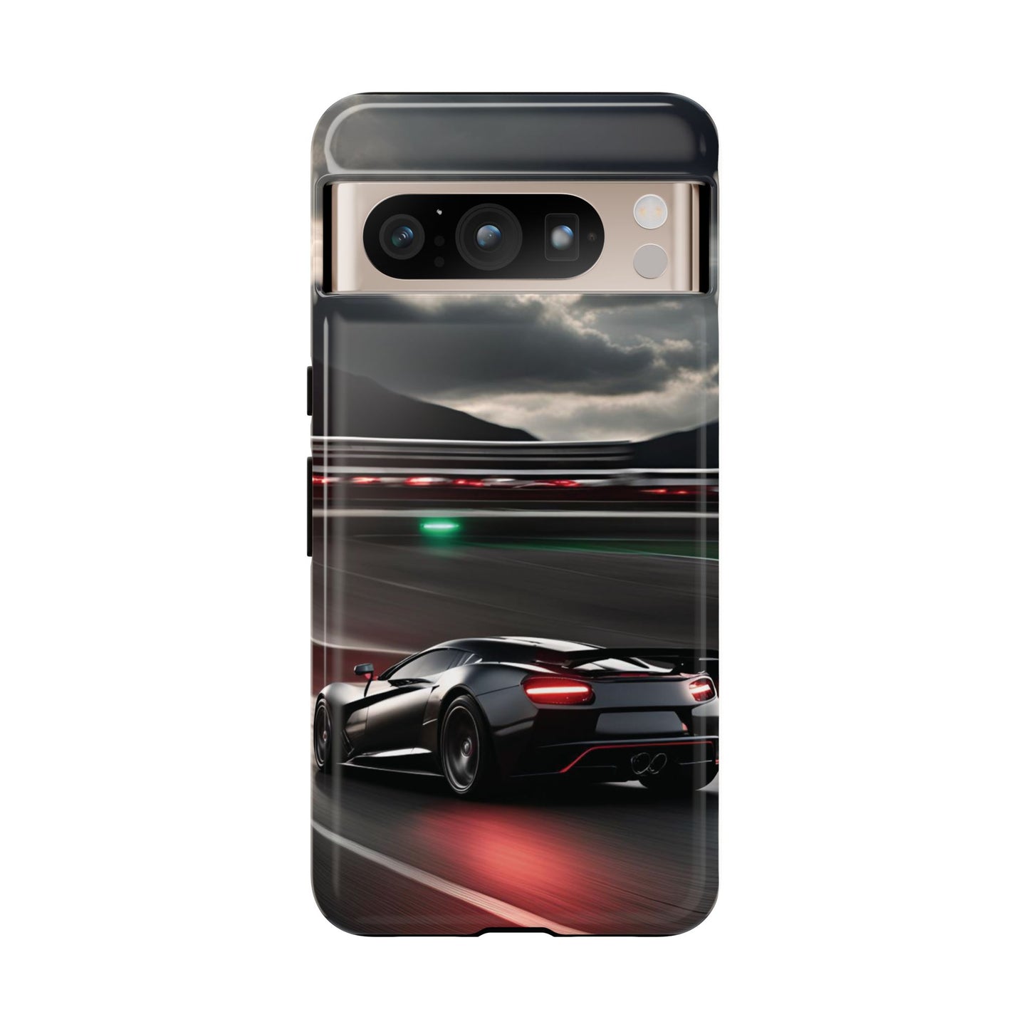 Car Racing Tough Cases - Sleek Black Supercar on Race Track Design