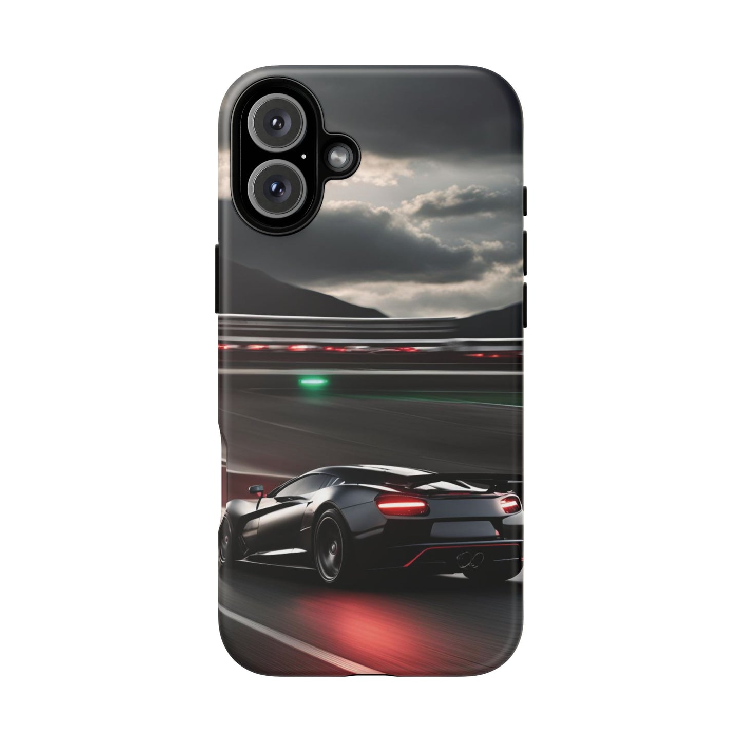 Car Racing Tough Cases - Sleek Black Supercar on Race Track Design