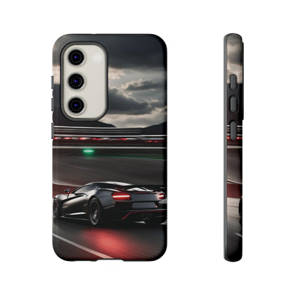 Car Racing Tough Cases - Sleek Black Supercar on Race Track Design