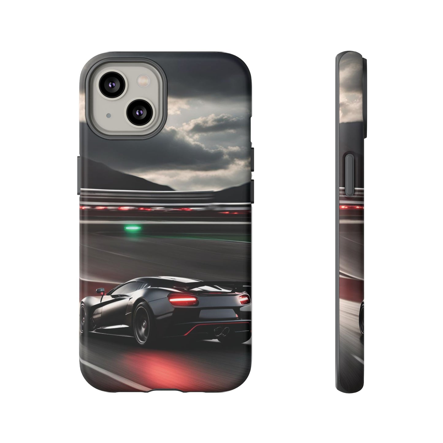 Car Racing Tough Cases - Sleek Black Supercar on Race Track Design