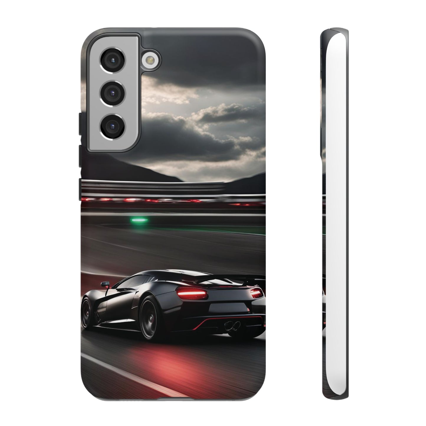 Car Racing Tough Cases - Sleek Black Supercar on Race Track Design