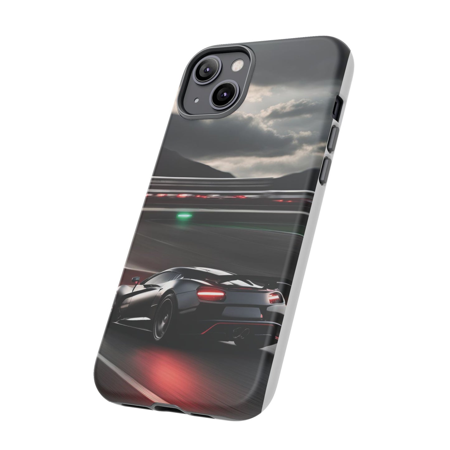 Car Racing Tough Cases - Sleek Black Supercar on Race Track Design