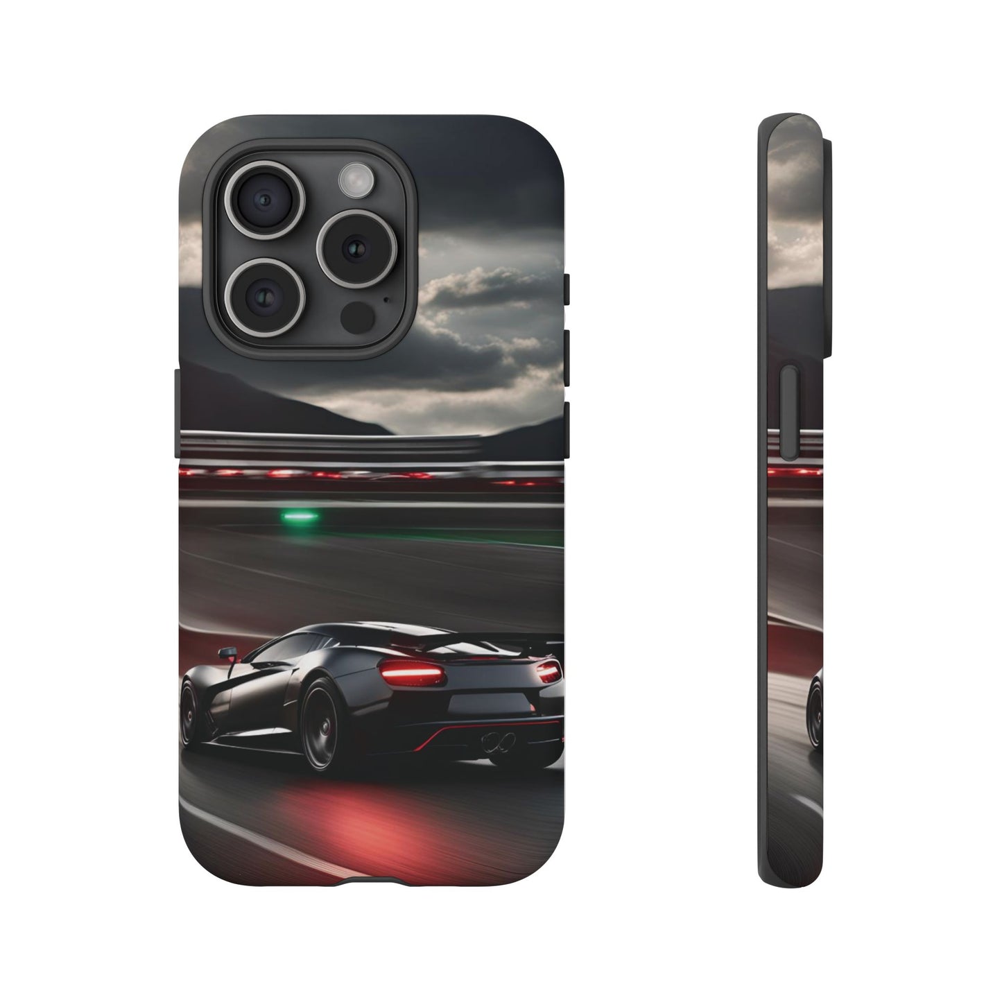 Car Racing Tough Cases - Sleek Black Supercar on Race Track Design