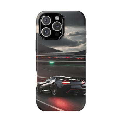 Car Racing Tough Cases - Sleek Black Supercar on Race Track Design