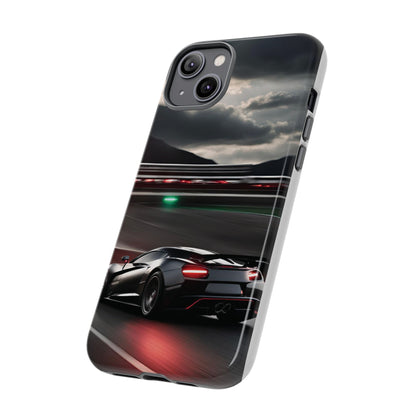 Car Racing Tough Cases - Sleek Black Supercar on Race Track Design