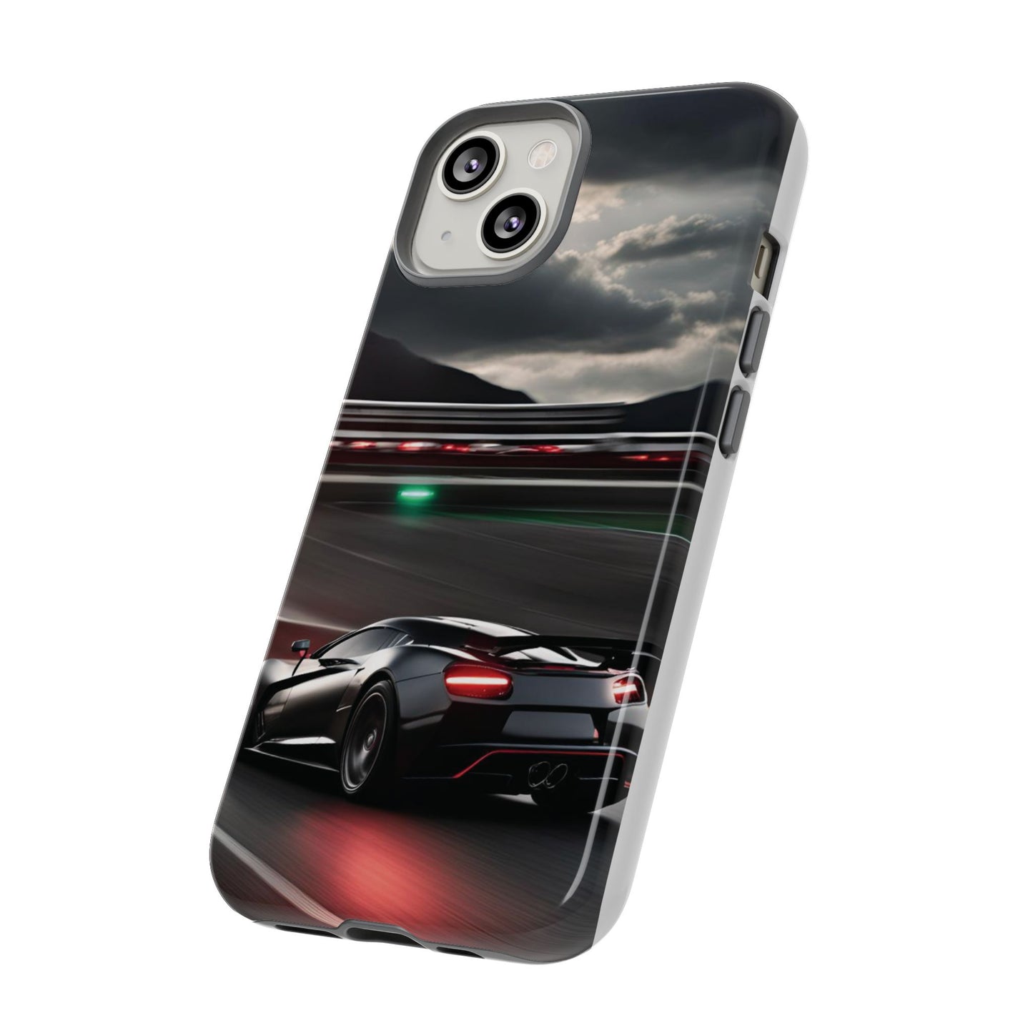 Car Racing Tough Cases - Sleek Black Supercar on Race Track Design