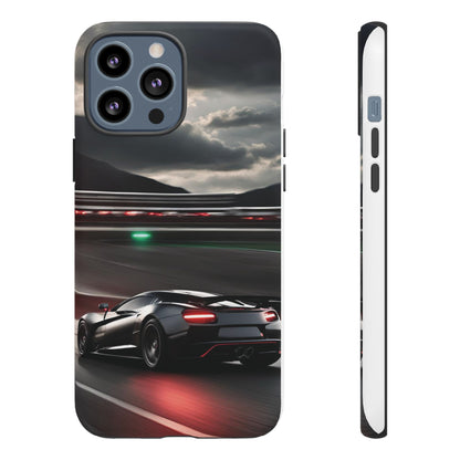 Car Racing Tough Cases - Sleek Black Supercar on Race Track Design