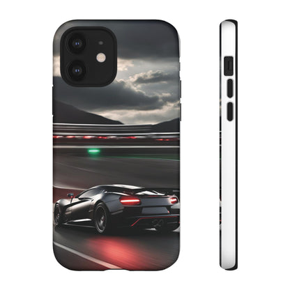 Car Racing Tough Cases - Sleek Black Supercar on Race Track Design