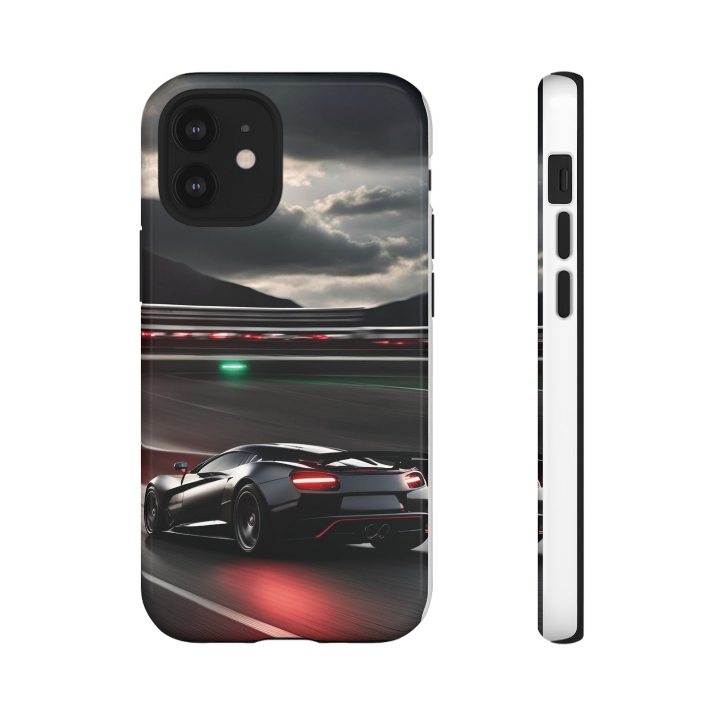 Car Racing Tough Cases - Sleek Black Supercar on Race Track Design