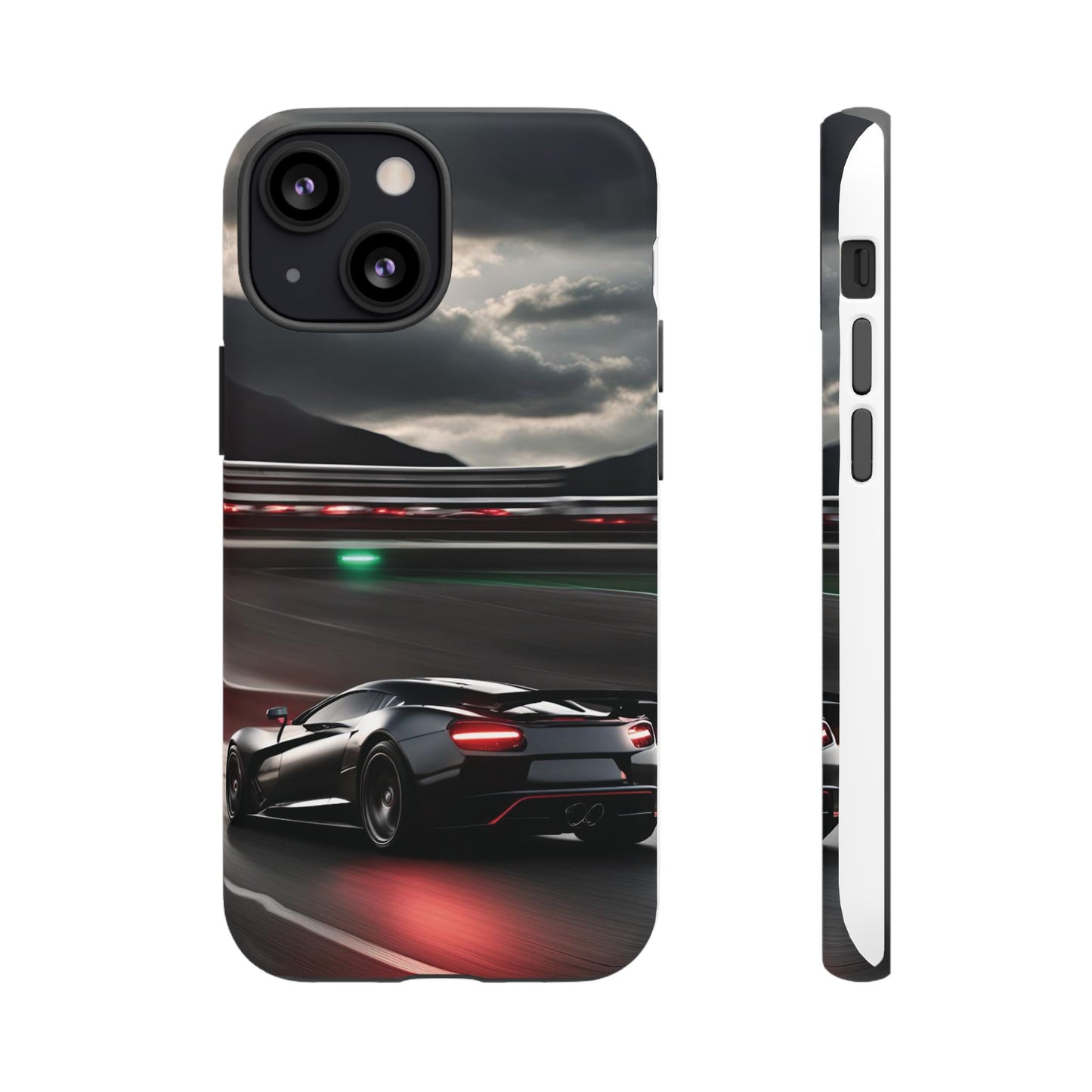 Car Racing Tough Cases - Sleek Black Supercar on Race Track Design