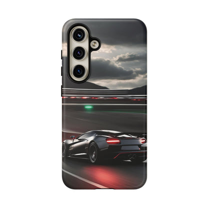 Car Racing Tough Cases - Sleek Black Supercar on Race Track Design