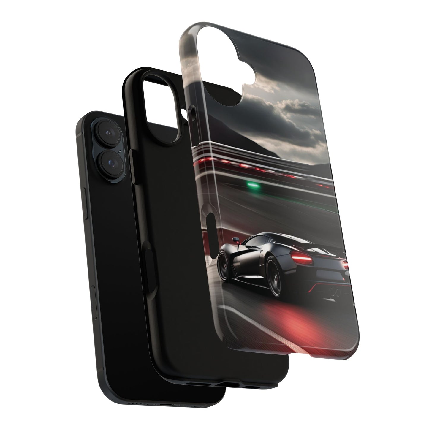 Car Racing Tough Cases - Sleek Black Supercar on Race Track Design