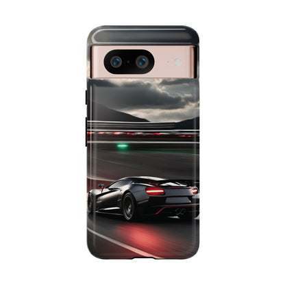 Car Racing Tough Cases - Sleek Black Supercar on Race Track Design