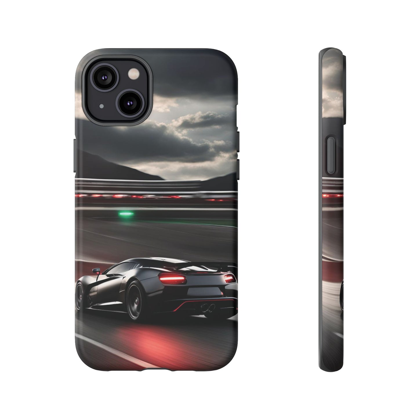 Car Racing Tough Cases - Sleek Black Supercar on Race Track Design