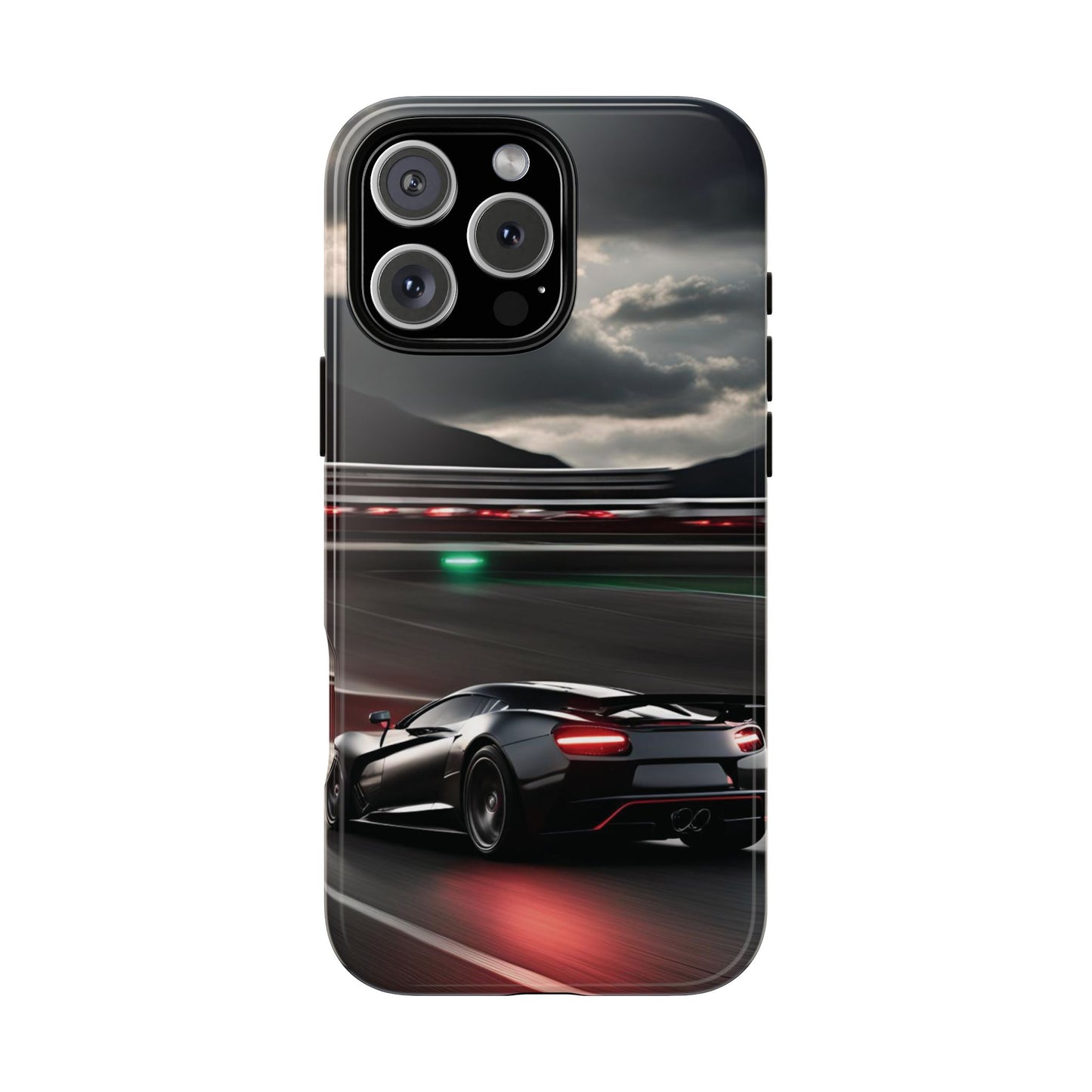 Car Racing Tough Cases - Sleek Black Supercar on Race Track Design