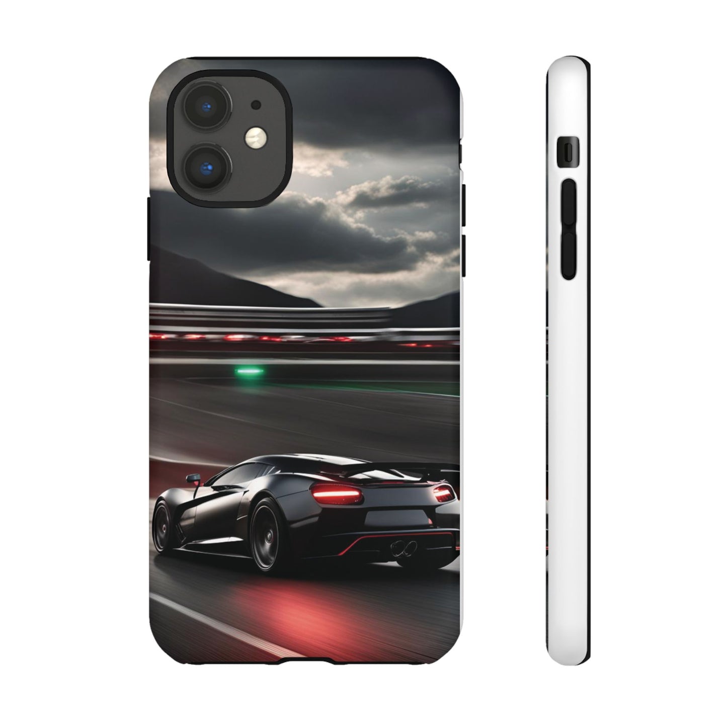 Car Racing Tough Cases - Sleek Black Supercar on Race Track Design