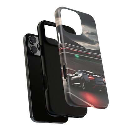 Car Racing Tough Cases - Sleek Black Supercar on Race Track Design