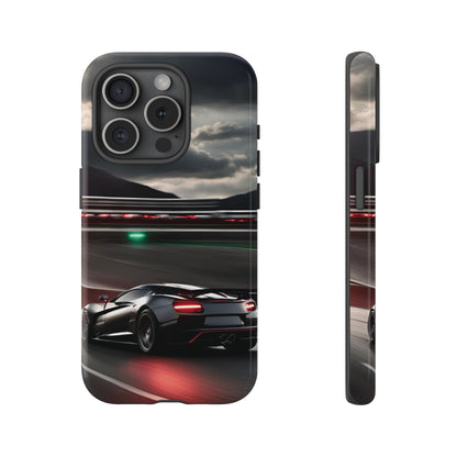 Car Racing Tough Cases - Sleek Black Supercar on Race Track Design