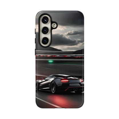 Car Racing Tough Cases - Sleek Black Supercar on Race Track Design