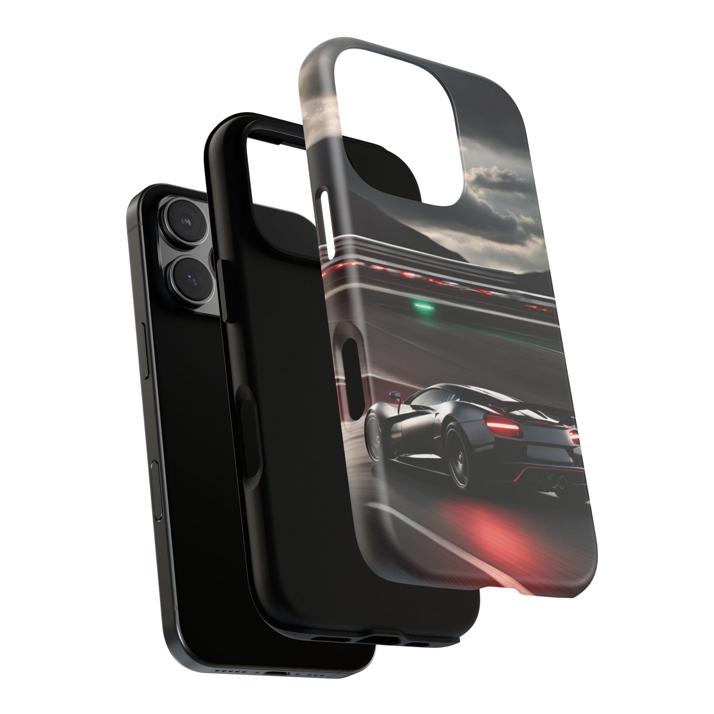 Car Racing Tough Cases - Sleek Black Supercar on Race Track Design